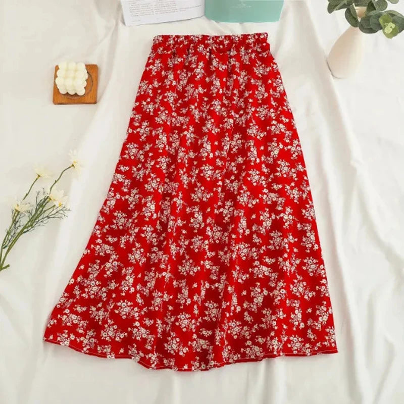 Women Chiffon Midi Skirt Korean Fashion Floral Loose Skirts High Waist Female Casual All Match A Line Skirts Summer New