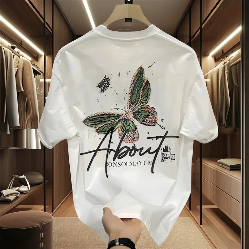 Men's Cotton  T-shirts 5XL  WhiteT Shirtfor Men Casual Summer Wear Fashion Butterfly Print Tee Shirts Black Men Clothing