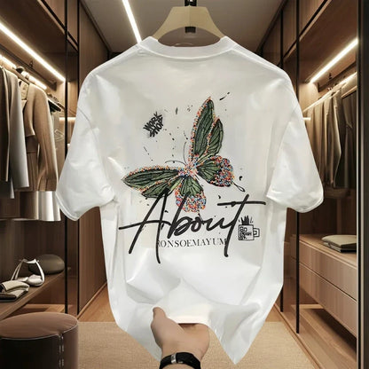 Men's Cotton  T-shirts 5XL  WhiteT Shirtfor Men Casual Summer Wear Fashion Butterfly Print Tee Shirts Black Men Clothing
