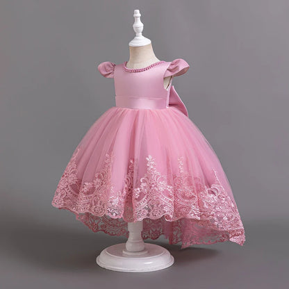 Girls Flower Embroidery Party Dresses Kids Summer Formal Holiday Birthday Gown Kids Trailing Evening Princess Clothes 1-6