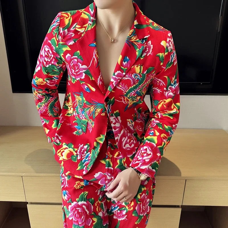 2026 Thin Men's Black Printed Suit Jacket, Asian Size V-Neck Single Button Blazer, Red Nostalgic Style Long Sleeve Cotton Coat.