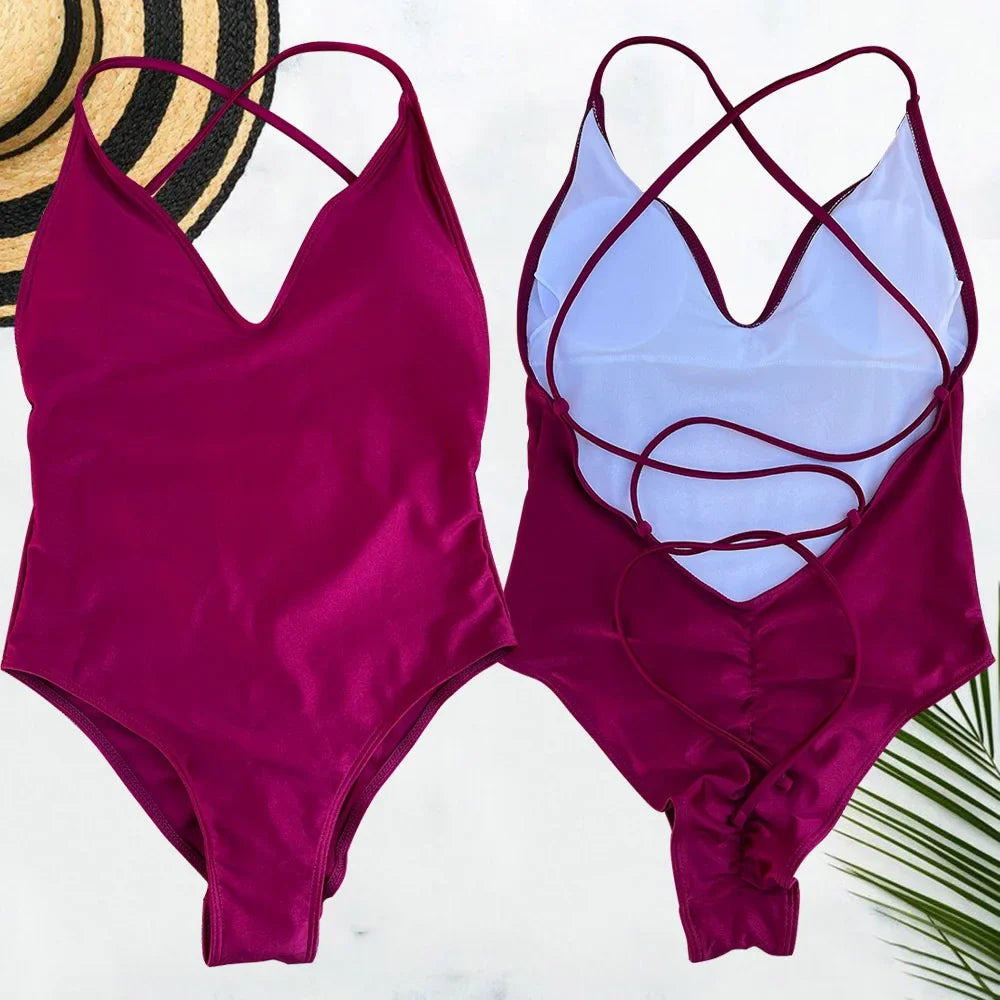 Solid One Piece Swimsuit Women Swimwear 2025 New Bikini Sexy Bodysuit Plus Size Bathing Suit Swimming Suit Maillot De Bain Femme