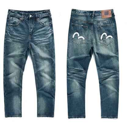 Japanese Handmade Embroidered Jeans Men's Pure Cotton Straight Tube Hip-Hop Popular Slim Red Ears Show Thin Trousers Devil Big M