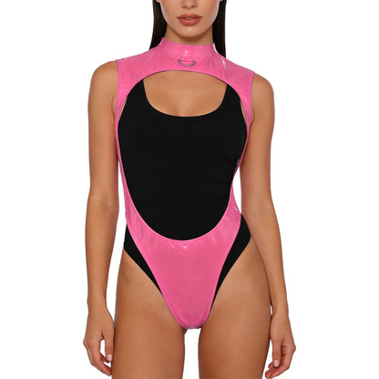 Womens Glossy PU Leather Bodysuit Wit Metal D-ring Open Front Backless High Cut Leotard Jumpsuit for Nightclub Rave Party