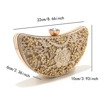 Moon Design Women Clutch Bags Rhinestones Hollow Out Style Crystal Purple Color Evening Bags Ladies Acrylic Golden Metal Glitter