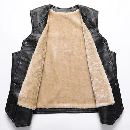 2024 Winter Men Thick Warm Fleece Leather Vest Coat  Male V-Neck Single Breasted Vest Casual Male Clothing Outerwear