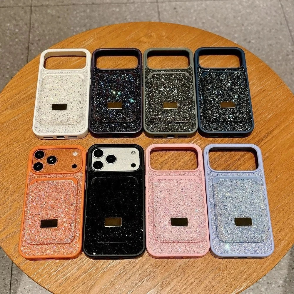 Luxury Glitter Flash Diamond Case With Magnetic Card Bag For iPhone 17 Air 16 15 14 Plus 13 12 Pro Max Anti-drop Protector Shell