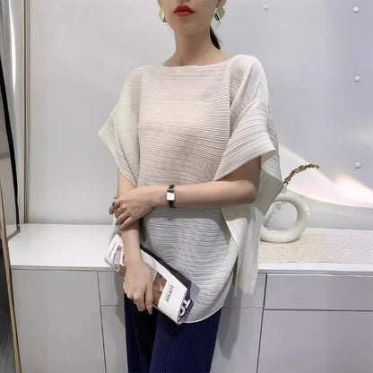 2025 Summer T-shirt Miyake Comfortable Casual Loose Pleated Top Women Short Sleeve Slim Commuter Office Clothes Wrinkle-Free