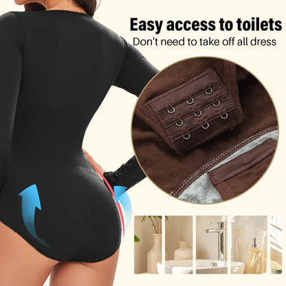 Spandex Elastic Body Suit Shapewear Women Body Shaper Tummy Control Long Sleeve Open Crotch Round Neck Seamless Shapers