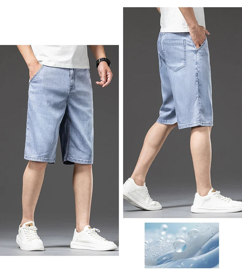 Lyocell Thin Men's Baggy Denim Shorts Loose Summer Casual  Stretch Soft Straight Jeans Male Brand Shorts Male Blue Grey