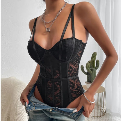 Sexy Lace Bodysuit for Women Bodies Elegant Women's Top 2025 New Summer Solid Bodycon Ribbed Bodysuits