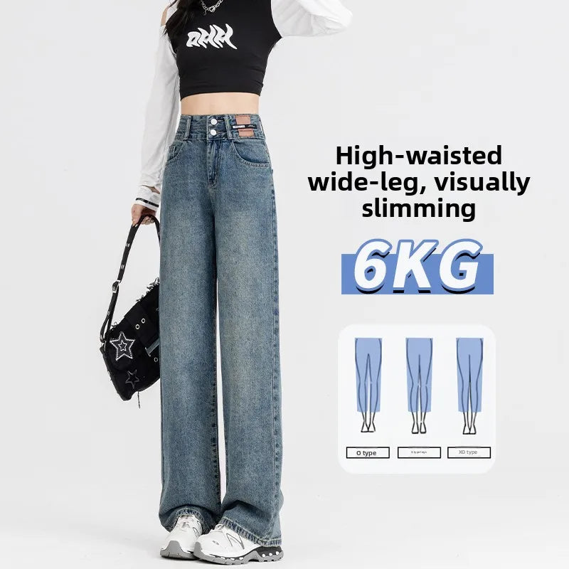Slim Wide Leg Denim Jeans High Waist Double Bule Straight Cut Pants for Women Bla ey Autumn New Arrival Faionable Wea...