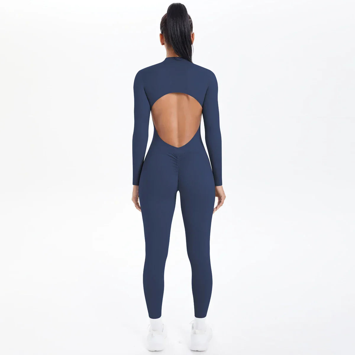 Solid Color Bodysuits for Woman's Backless Long Sleeved Zipper Yoga Jumpsuits High Dtrength Workout Sports Fitness Clothing Set