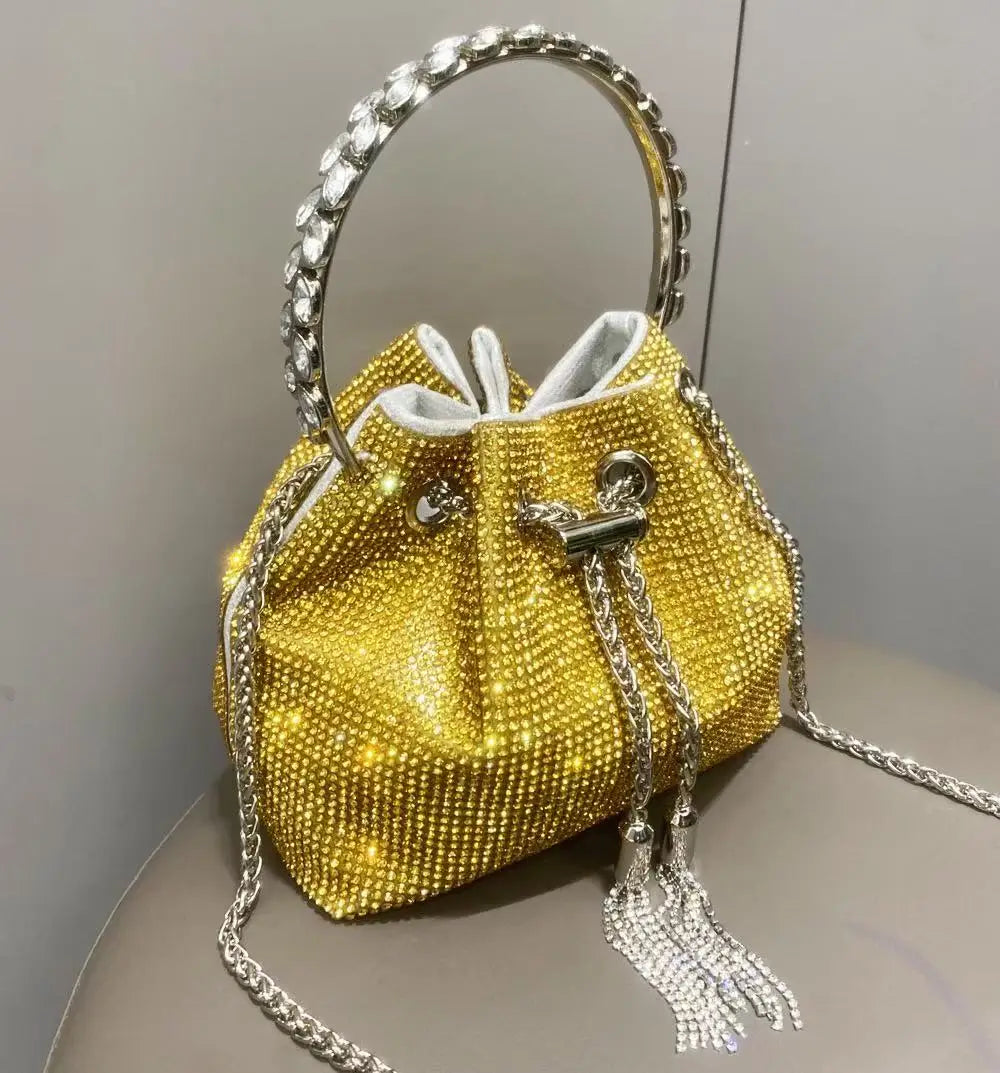 Rhinestones Diamond Evening Clutch Bag Luxury Designer Metal Ring Women's Handbag Wedding Party Bling Bucket Purse Shoulder Bag