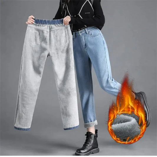 Winter Warm Slim Jeans Ladies Casual Denim Pencil Pants Thick Velvet Women Jeans High Waist Skinny Straight Jeans Fleece