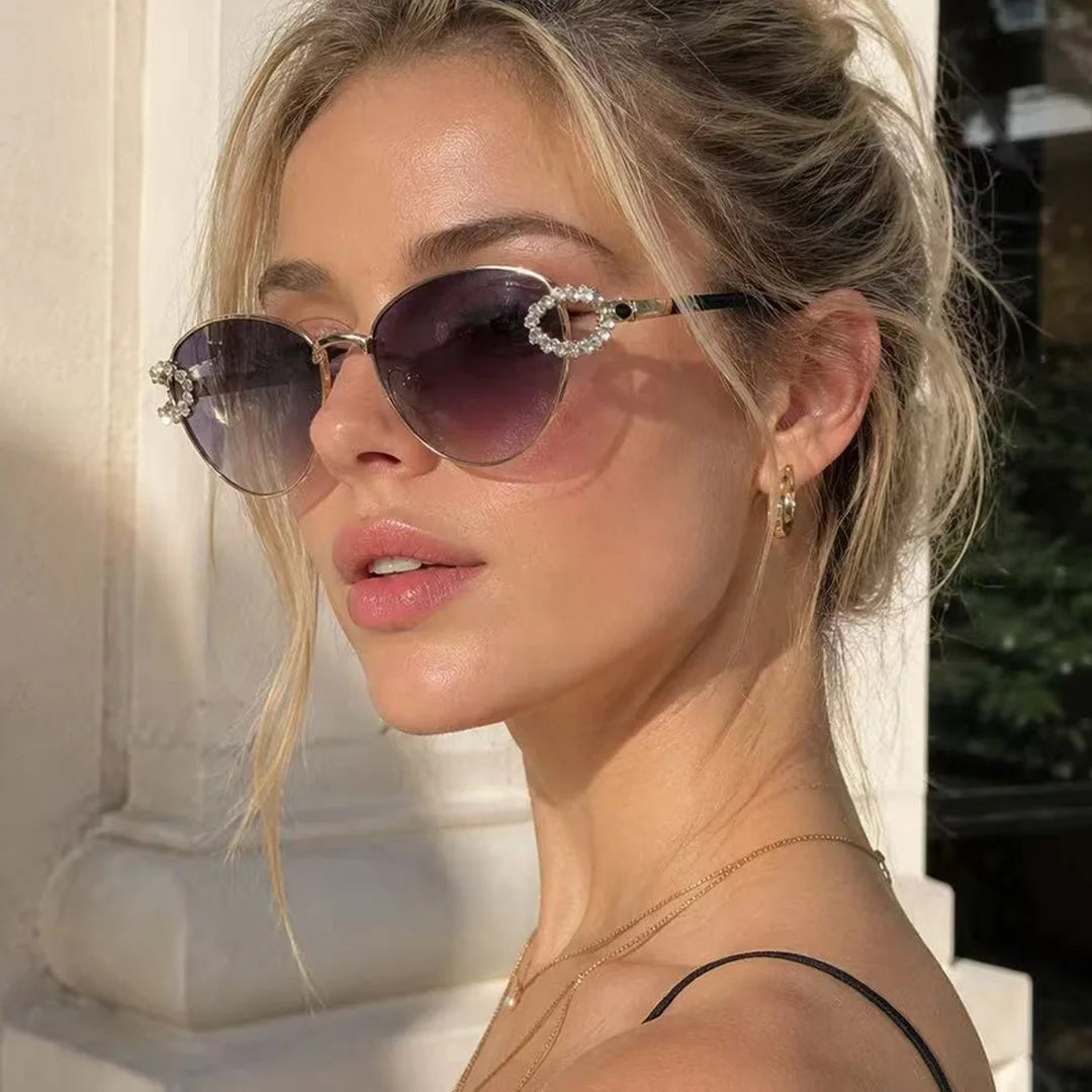 2026 Women Elegant Oval Metal Frame Cat Eye Sunglasses Hollow Rhinestone Wreath Temple UV Protection Gradient Lens Sun Shades