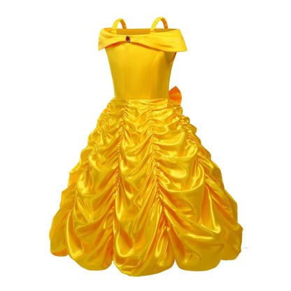 Off Shoulder Yellow Princess Dress for Kids Girl Belle Role Playing Clothing Fancy Carnival Party Birthday Ball Gowns Halloween