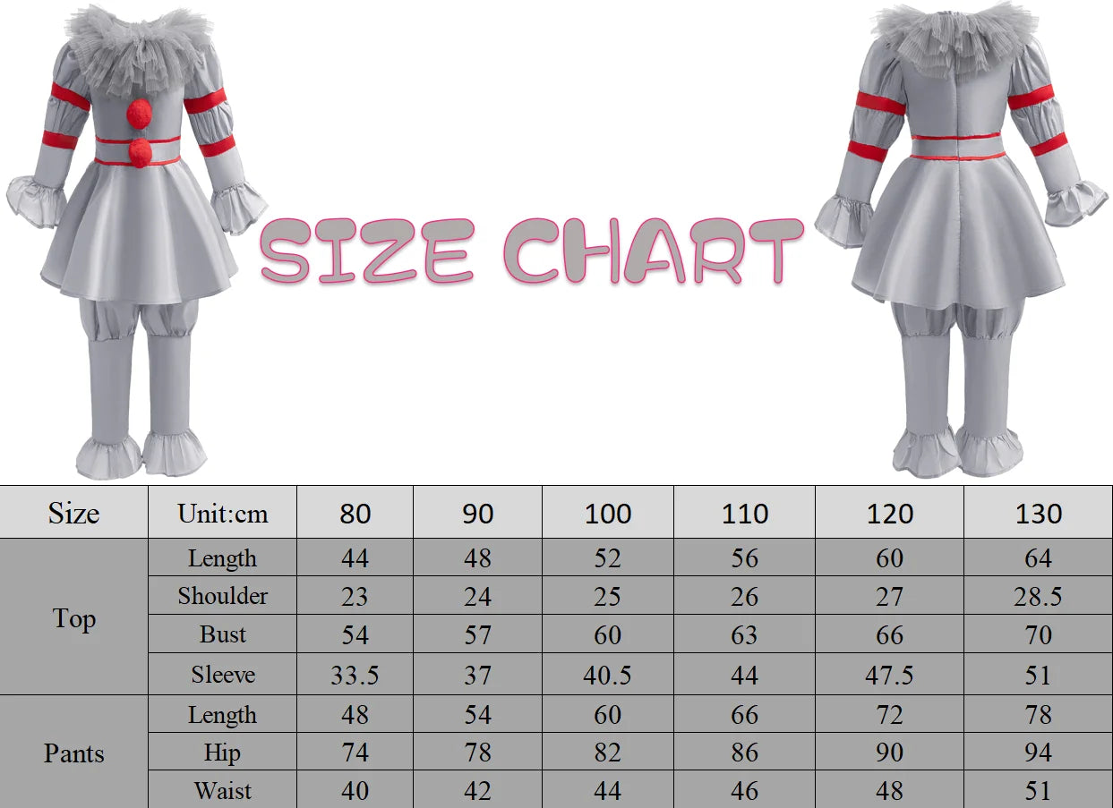 Kids Scary Joker Pennywise Cosplay Costume Horror Ghost Movie It Puff Sleeve Tulle Collar Top With Pants For Halloween Carnival