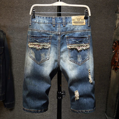 Streetwear Men's Ripped Denim Shorts Straight Slim Fashion Hip Hop Short Pants Big Hole Vintage Knee Length Jeans