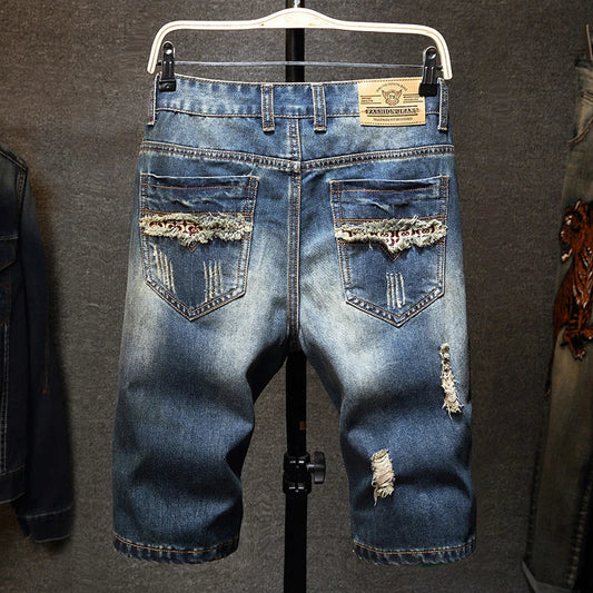 Streetwear Men's Ripped Denim Shorts Straight Slim Fashion Hip Hop Short Pants Big Hole Vintage Knee Length Jeans