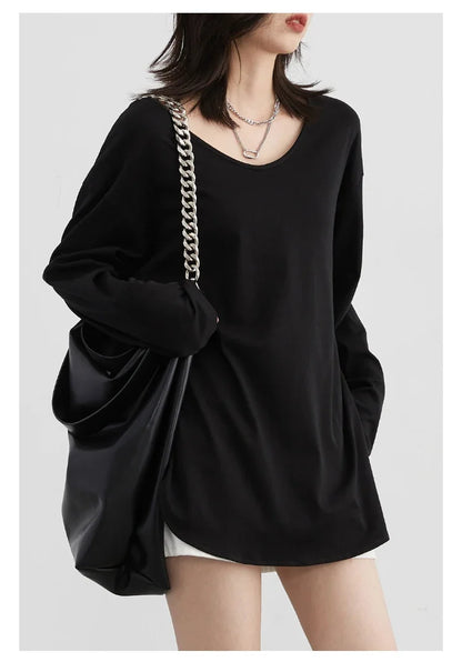 Women T-Shirts Loose Casual U-Neck Long Sleeve Female Tees Split Bottom Woman Top Ladies Clothing Autumn Spring 2023