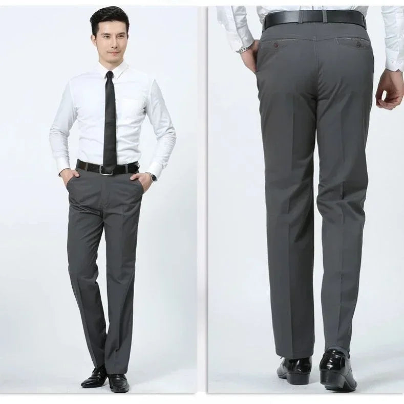 Summer Thin Pants 100% Cotton Men's Autumn Thick Suit Pant Slacks High Waist Straight Loose Bland Solid Business Casual Pants