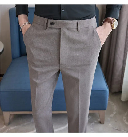 British Style Pinstripe Slim Fit Suit Pant Men Business Casual Simple Dress Pants High Quality Social Wedding Party Trousers