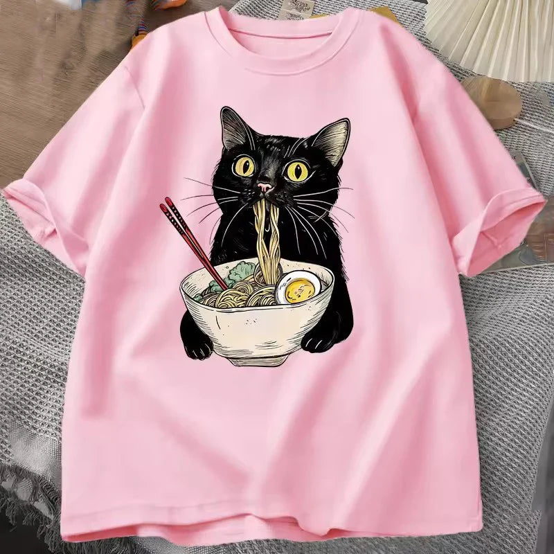 Cotton Noodle Ramen Cat T Shirt Foodie Lover T Shirts Black Cat  T-Shirts Retro Casual Short Sleeve Tshirt Men Women Clothes