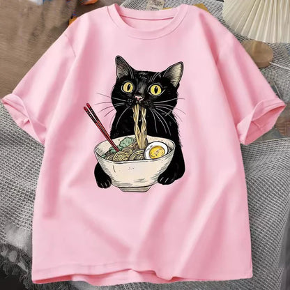 Cotton Noodle Ramen Cat T Shirt Foodie Lover T Shirts Black Cat  T-Shirts Retro Casual Short Sleeve Tshirt Men Women Clothes