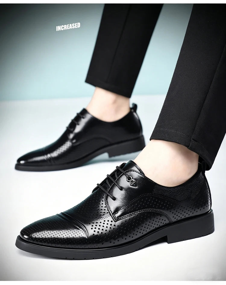 Men's Summer Breathable Leather Shoes Hollow out Fashionable Slip-On Comfortable Anti-Slip Soft Bottom Derby Shoes-SJ2501-1