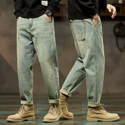 Men's Spring 2026 Loose Harem Pants Denim Retro Solid Comfortable Harajuku Straight Jeans Simple Fashion Versatile Cargo Trouser