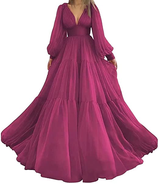 Pleat Tulle Princess Prom Gown V-Neck Long Puff Sleeve Plus Size Evening Gown Elegant Dress Women for Wedding Party