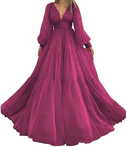 Pleat Tulle Princess Prom Gown V-Neck Long Puff Sleeve Plus Size Evening Gown Elegant Dress Women for Wedding Party