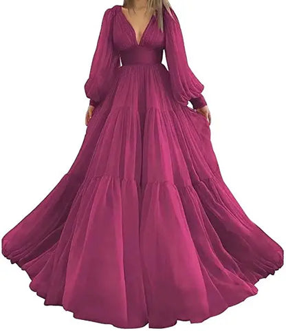 Pleat Tulle Princess Prom Gown V-Neck Long Puff Sleeve Plus Size Evening Gown Elegant Dress Women for Wedding Party