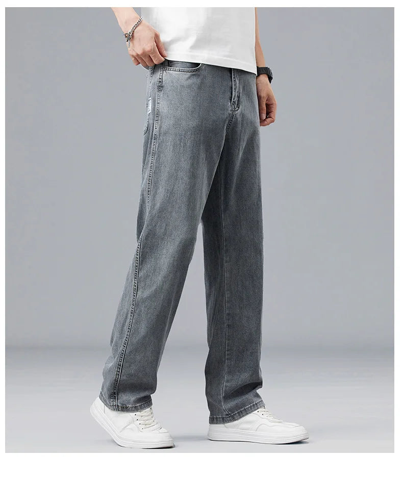 Summer Ultra-thin Lyocell Men's Jeans Drape Soft Fabric Loose Straight Casual Denim Pants Elastic Ice Silk Male Trousers