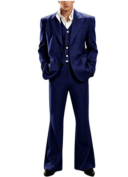 Vintage Men's 3 Piece Suit Set Peak Lapel Slim Fit 2 Button Double Breasted Blazer Vest Flared Pants for Formal Business Wedding