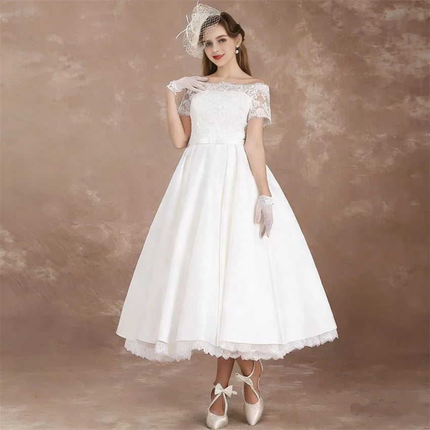 Customized Elegant Short Sleeves Midi Wedding Dresses for Women Lace Boat Neck Tea Length A-Line Bride Gowns Vestidos De Novia
