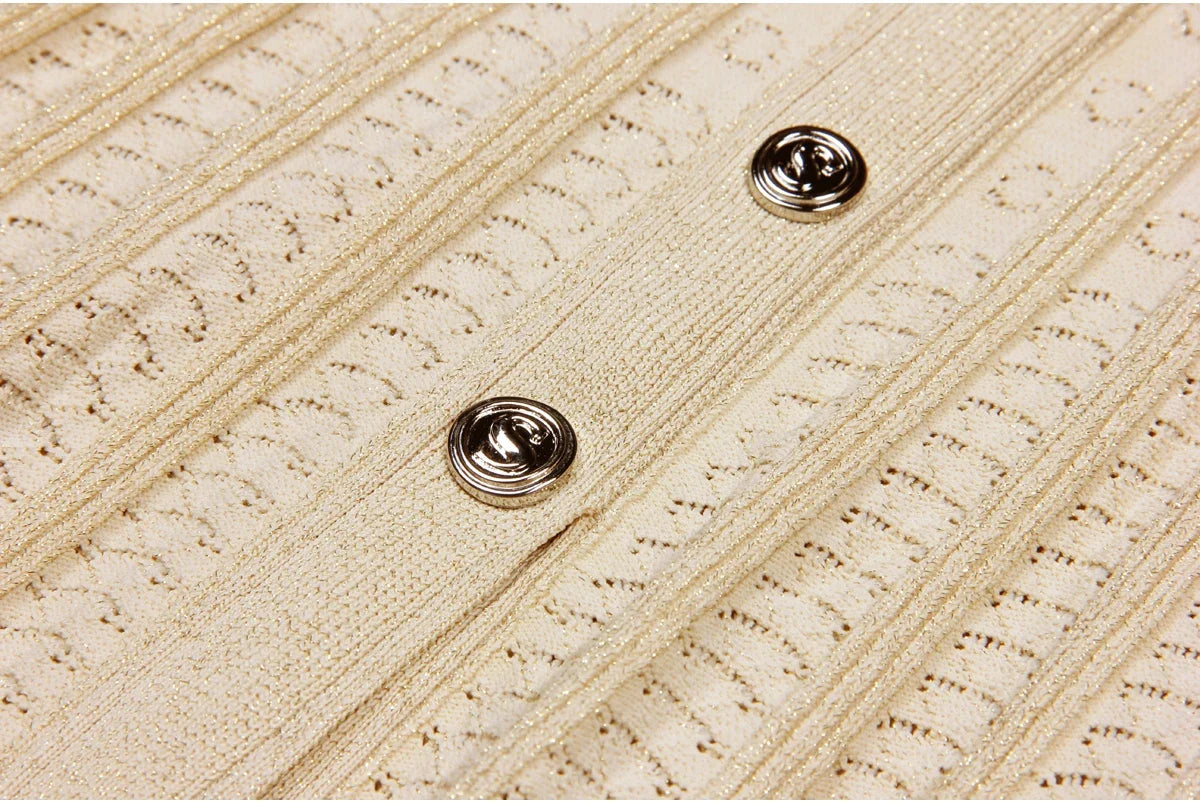 High Quality Fashionable Elastic Bright Silk Knitted Round Neck 7-inch Sleeve Single Row Button Lace Slim Fit Women's Dress