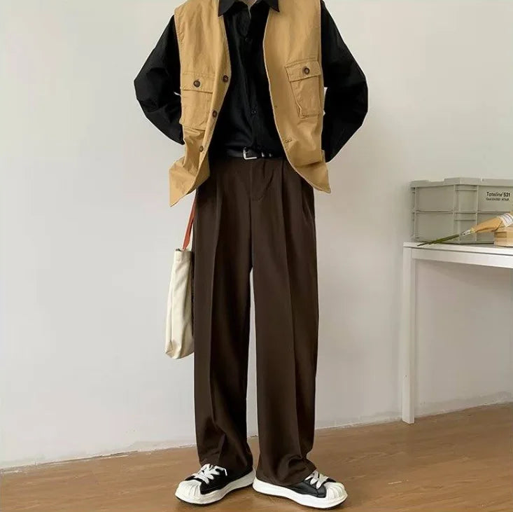 Brown Black Suit Pants Men Fashion Social Mens Dress Pants Korean Loose Straight Wide Leg Pants Mens Office Formal Trousers