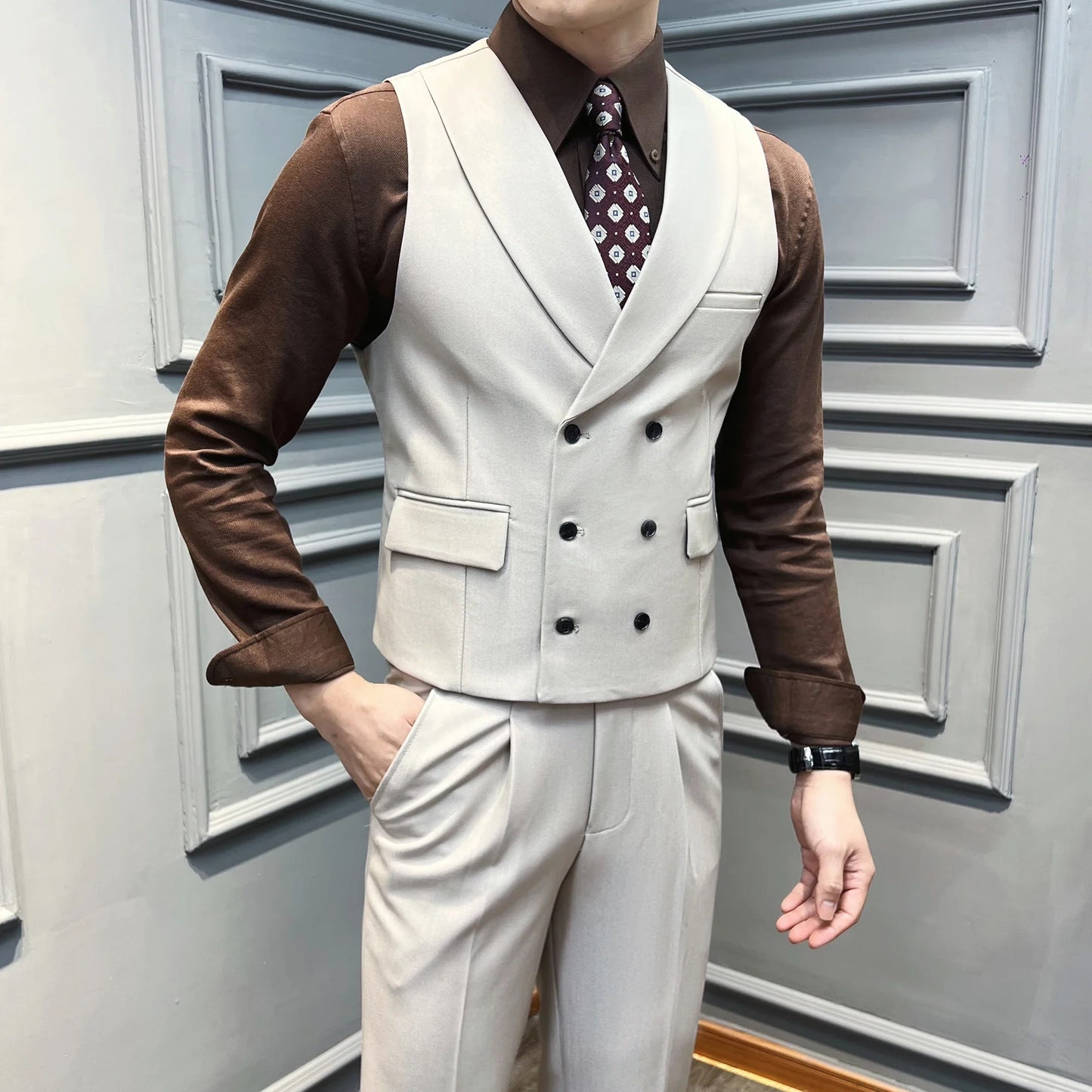 ( Vest + Pants) High-end Brand Solid Color Suit Vest 2 pieces Men Luxury Double Breasted Design Fashion Vest Set Club Clothing