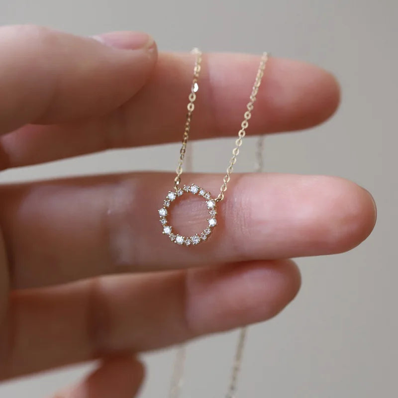 100% S925 Sterling Silver Plated 18K Gold Necklace with Full Diamond Circle Style Japanese and Korean K Gold Collar Chain