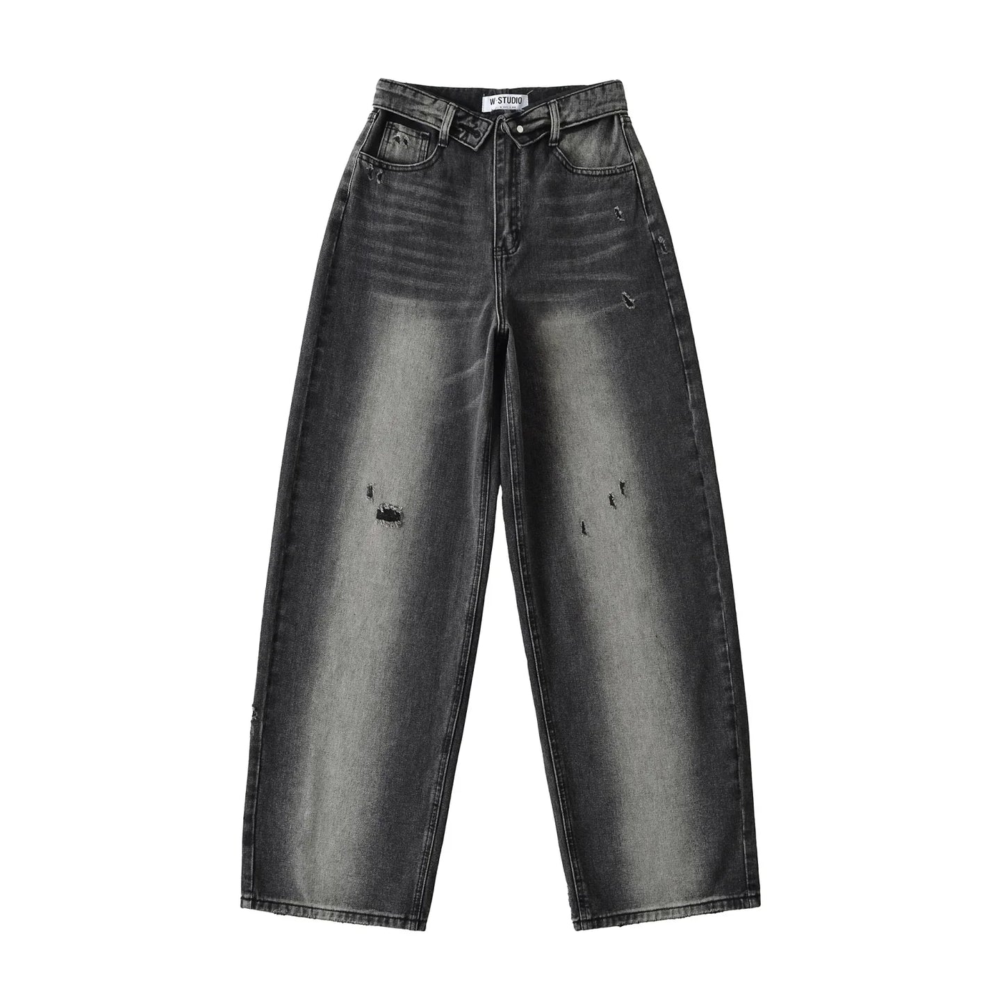 American Retro Cuffed High Waist Slimming Casual Denim Jeans Women's Autumn Versatile Loose Straight Leg Floor-Length Pants
