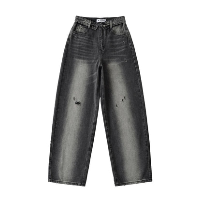 American Retro Cuffed High Waist Slimming Casual Denim Jeans Women's Autumn Versatile Loose Straight Leg Floor-Length Pants