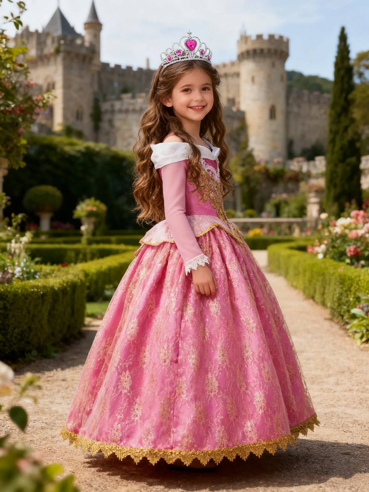 Girl Aurora Princess Dress Children Luxurious Cosplay Costume Rose Pink Briar Rose Outfit Kids Carnival Birthday Party Clothing