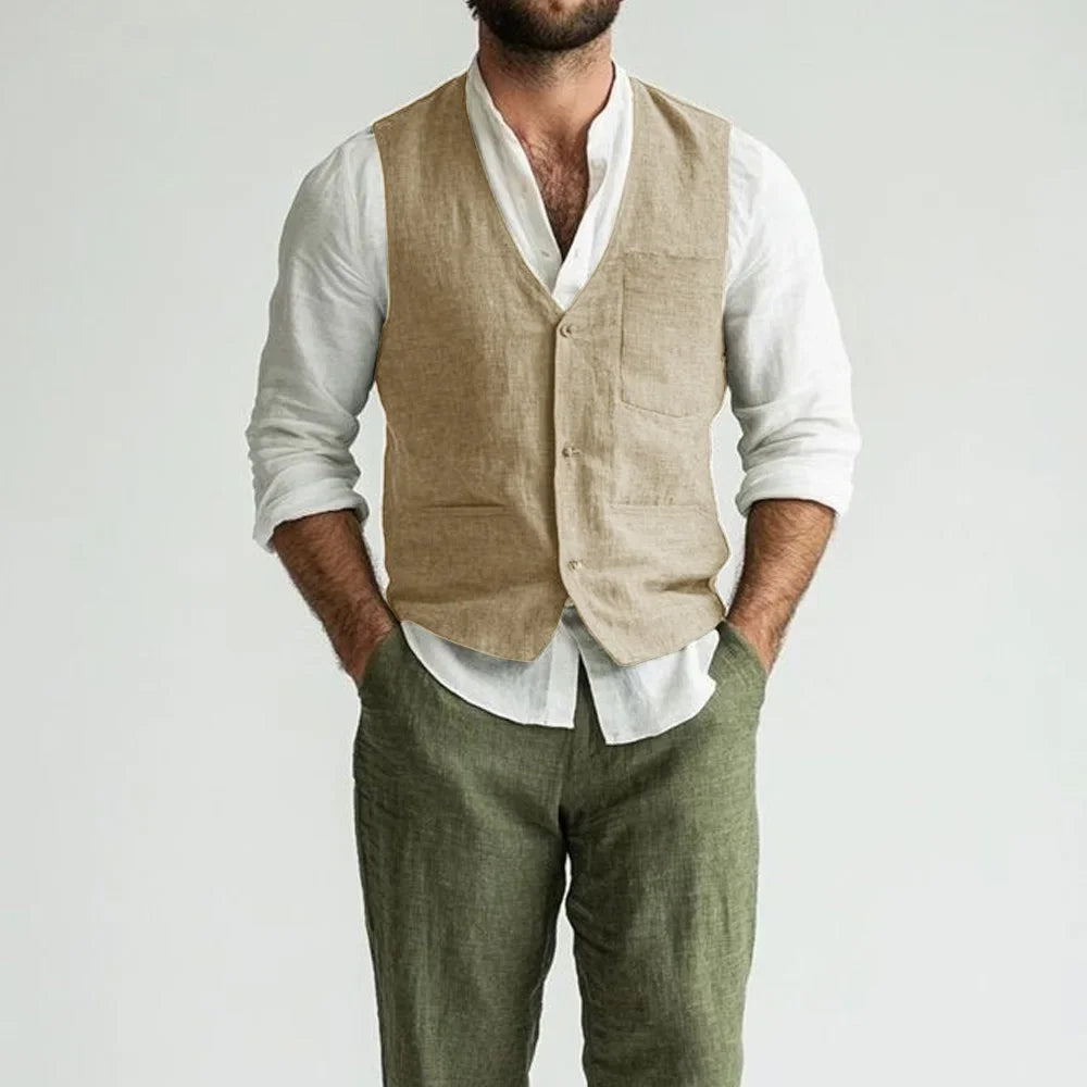 Linen Man Vest Solid Color Elegant for Men's Suit V-Neck Lightweight Casual Style Single-Breasted V-Neck Classic Sleeveless