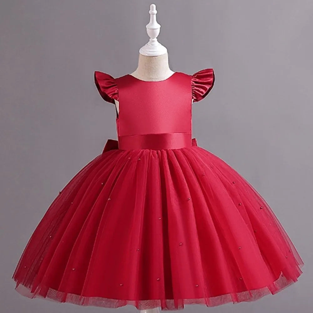 Fashion Red Pink Children's Bow Princess Dress‌ Big Bow Backless Girls Puffy Dress Tulle Flower Girl Dress Wedding Gown