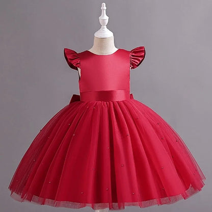 Fashion Red Pink Children's Bow Princess Dress‌ Big Bow Backless Girls Puffy Dress Tulle Flower Girl Dress Wedding Gown