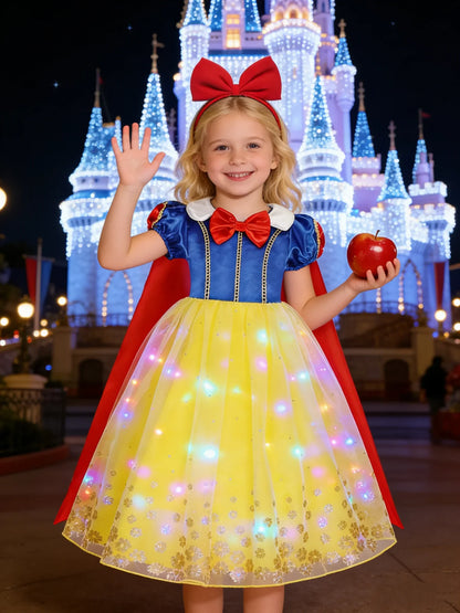 Popular Movie LED Princess Dress, White Snow Dress, With Cape And Headpiece For Halloween Carnival Birthday Party Cosplay