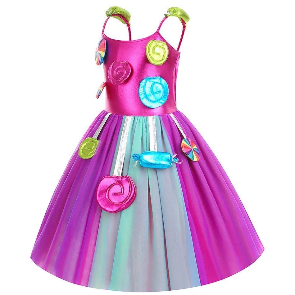 2025 Purim Festival Suspender Rainbow Dress For Girl Candy Lollipop Costume Party Gift Candy Dress + Lollipop Accessories Suit