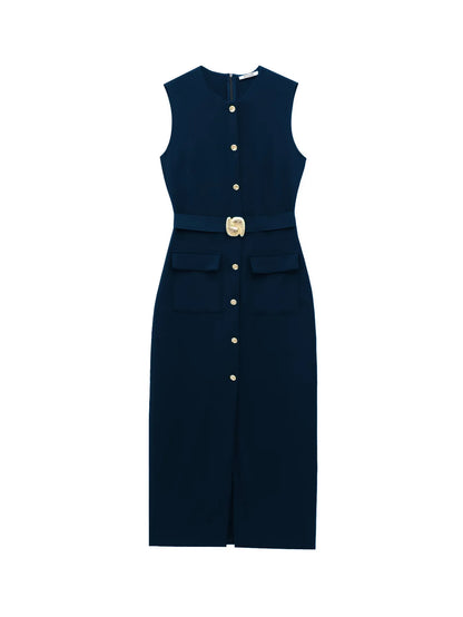 Female Summer Elegant Midi Dress O-Neck Hem Slit With Belt Sleeveless Single Breasted Back Zipper Fashion Long Dress